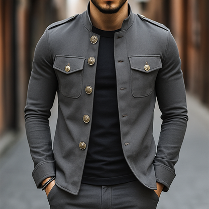 H&L Men's Vintage Casual Solid Stand Collar Button Jacket
