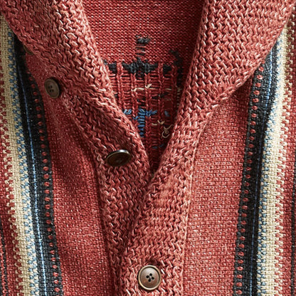 H&L Men's Vintage Jacquard Lapel Single Breasted Long Sleeve Knit Cardigan