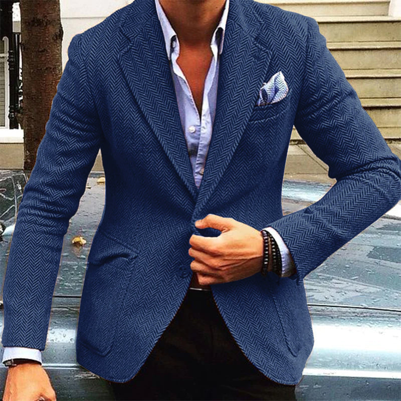 H&L Men's Vintage Herringbone Wool Blend Lapel Single Breasted Blazer