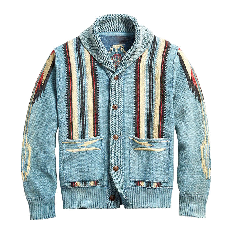 H&L Men's Vintage Jacquard Lapel Single Breasted Long Sleeve Knit Cardigan