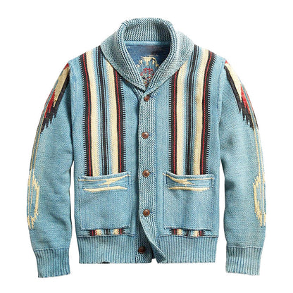 H&L Men's Vintage Jacquard Lapel Single Breasted Long Sleeve Knit Cardigan