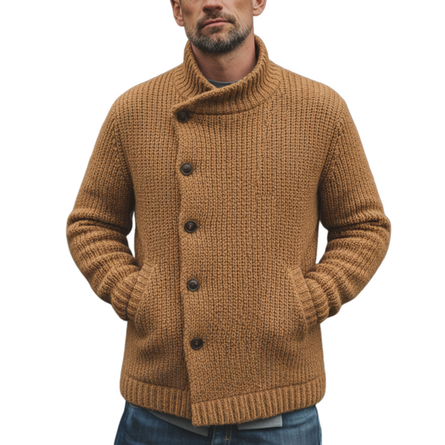 H&L Men's Classic Stand-up Collar Slanted Placket Button-down Cardigan