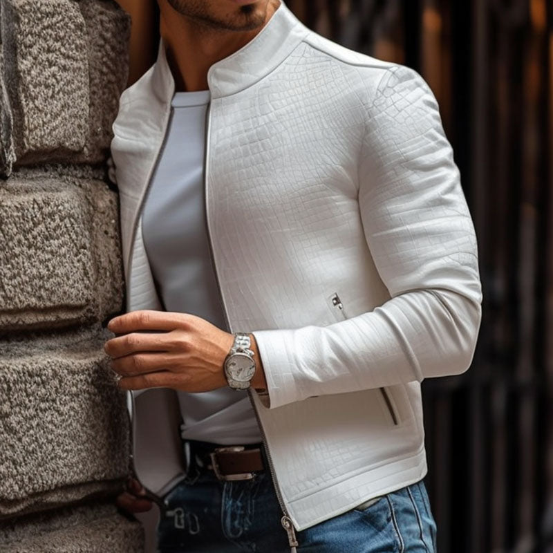 H&L Men's Fashion Stone Pattern Stand Collar Zipper Slim Fit Leather Jacket