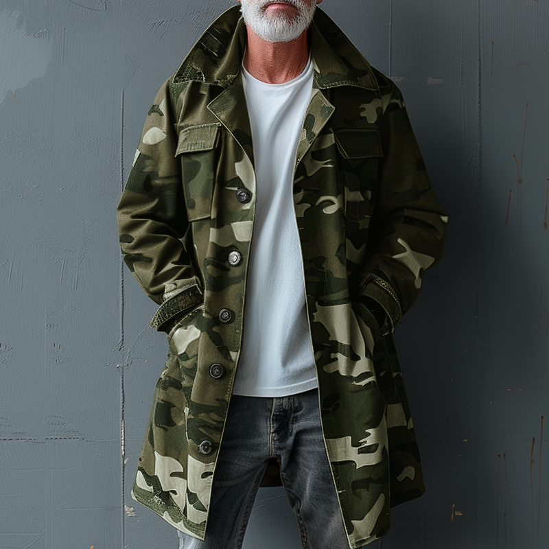H&L Men's Camouflage Lapel Breast Pocket Single Breasted Mid-length Cargo Trench Coat