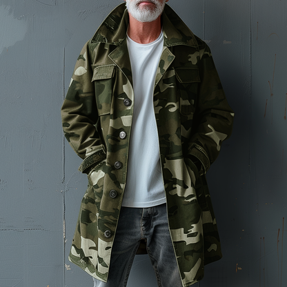 H&L Men's Camouflage Lapel Breast Pocket Single Breasted Mid-length Cargo Trench Coat