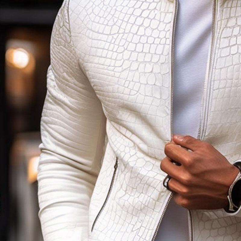 H&L Men's Fashion Stone Pattern Stand Collar Zipper Slim Fit Leather Jacket