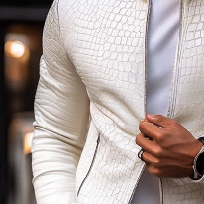 H&L Men's Fashion Stone Pattern Stand Collar Zipper Slim Fit Leather Jacket
