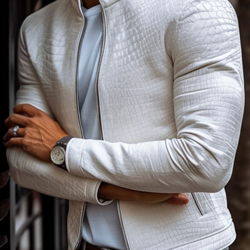 H&L Men's Fashion Stone Pattern Stand Collar Zipper Slim Fit Leather Jacket