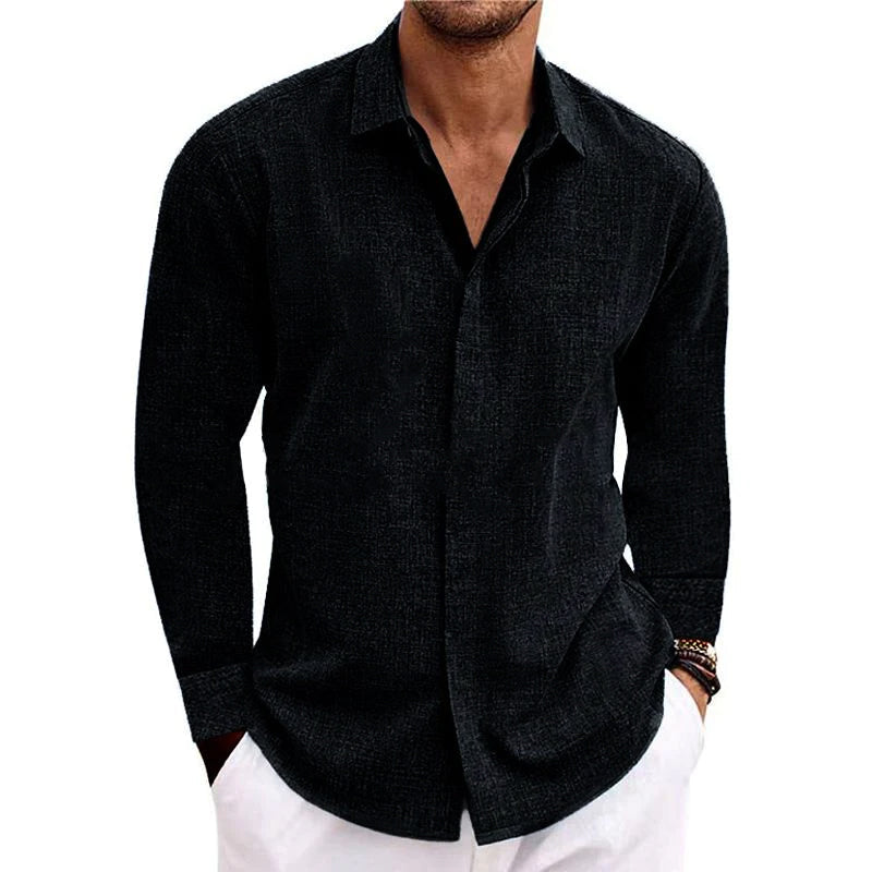 H&L Men's Casual Solid Color Cotton Linen Lapel Slim Fit Long Sleeve Shirt