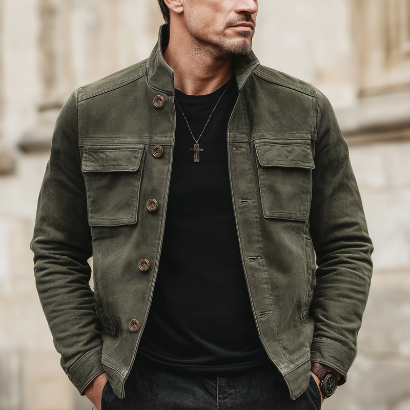 H&L Men's Classic Army Green Stand-collar Suede Button-up Jacket