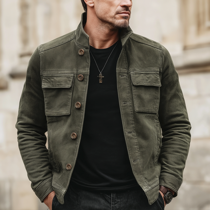 H&L Men's Classic Army Green Stand-collar Suede Button-up Jacket