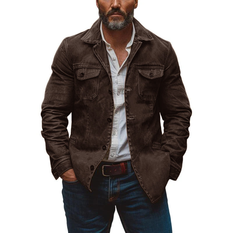 H&L Men's Vintage Heavy Washed Leather Lapel Single Breasted Multi-Pocket Work Jacket