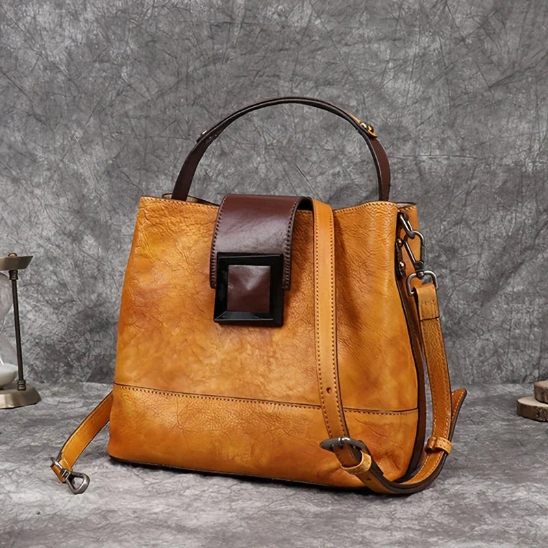 Vintage-style Solid Colour Genuine Leather Crossbody Bag