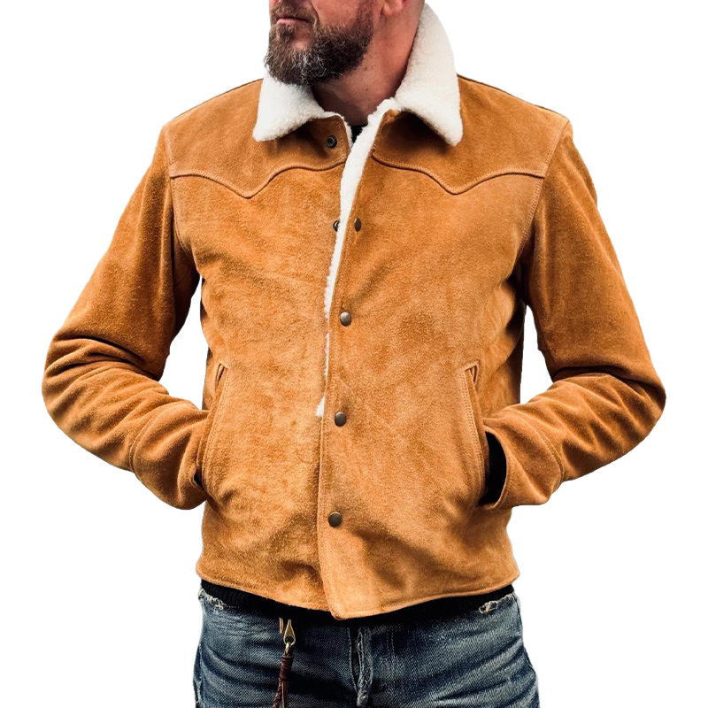 H&L Men's Retro Solid Color Patchwork Faux Suede Lapel Button Jacket