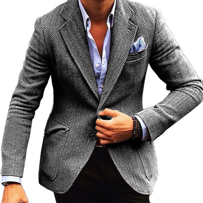 H&L Men's Vintage Herringbone Wool Blend Lapel Single Breasted Blazer