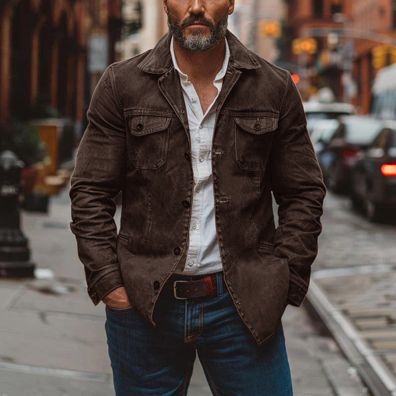 H&L Men's Vintage Heavy Washed Leather Lapel Single Breasted Multi-Pocket Work Jacket