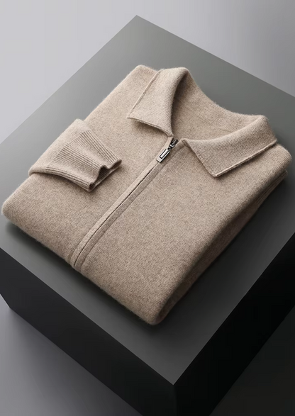 PURE EXTRA-FINE MERINO WOOL ZIP POLO CARDIGAN