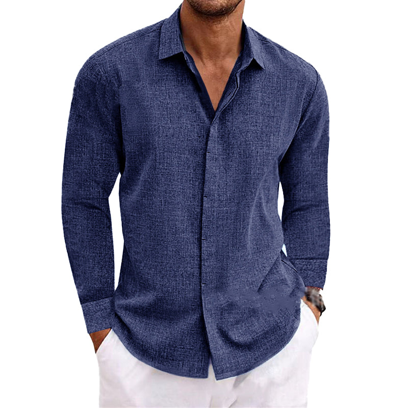 H&L Men's Casual Solid Color Cotton Linen Lapel Slim Fit Long Sleeve Shirt