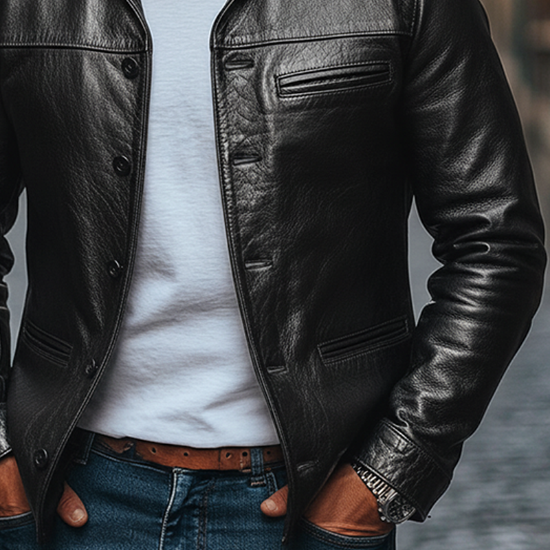 H&L Men's Solid Color Retro Lapel Button PU Jacket