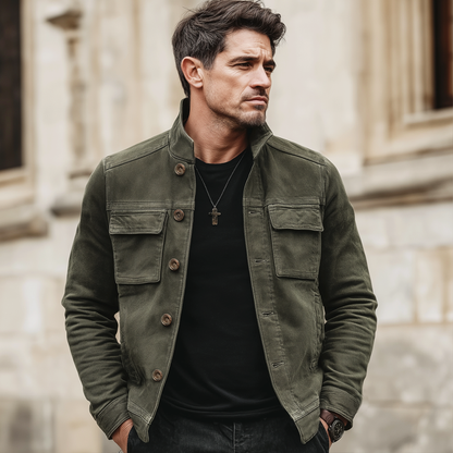 H&L Men's Classic Army Green Stand-collar Suede Button-up Jacket
