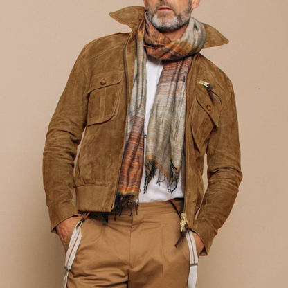 H&L Men's Retro Lapel Zipper Breast Pocket Suede Jacket