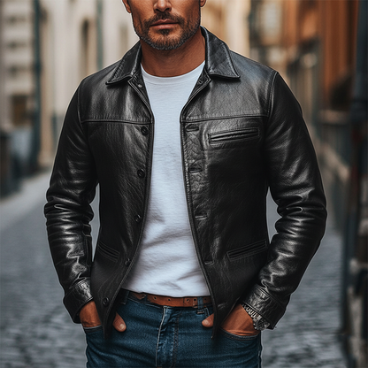 H&L Men's Solid Color Retro Lapel Button PU Jacket