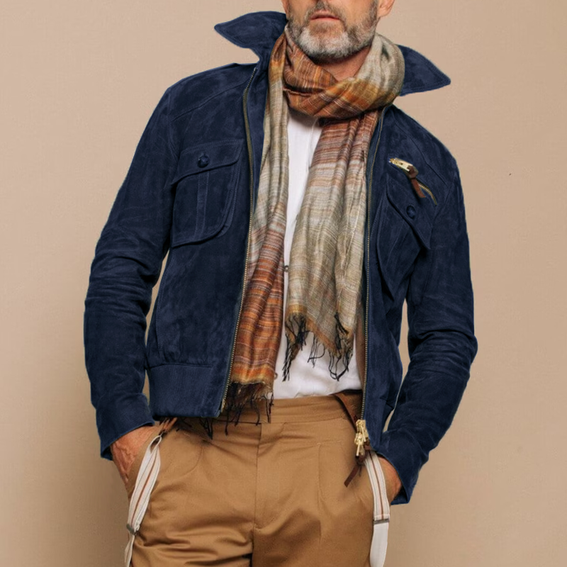 H&L Men's Retro Lapel Zipper Breast Pocket Suede Jacket