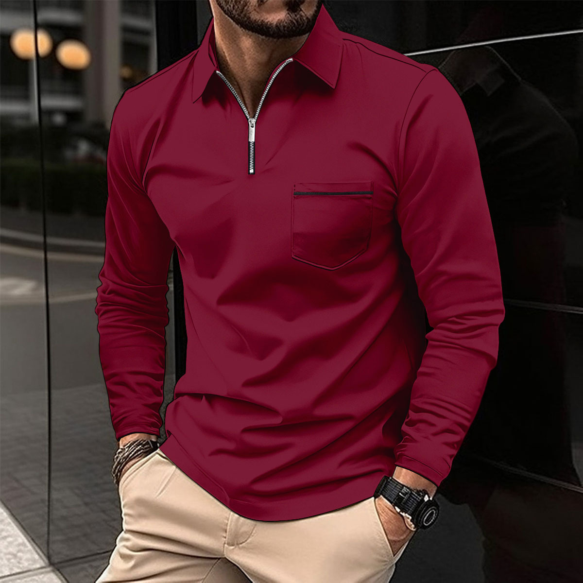H&L Men's Solid Zipper Lapel Breast Pocket Long Sleeve Polo Shirt