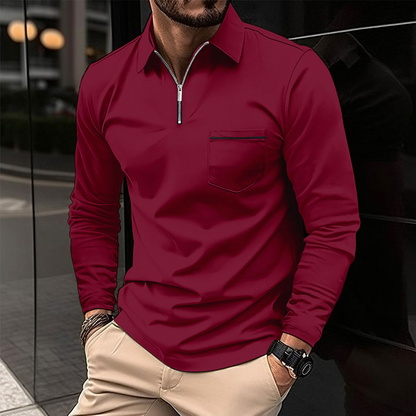 H&L Men's Solid Zipper Lapel Breast Pocket Long Sleeve Polo Shirt