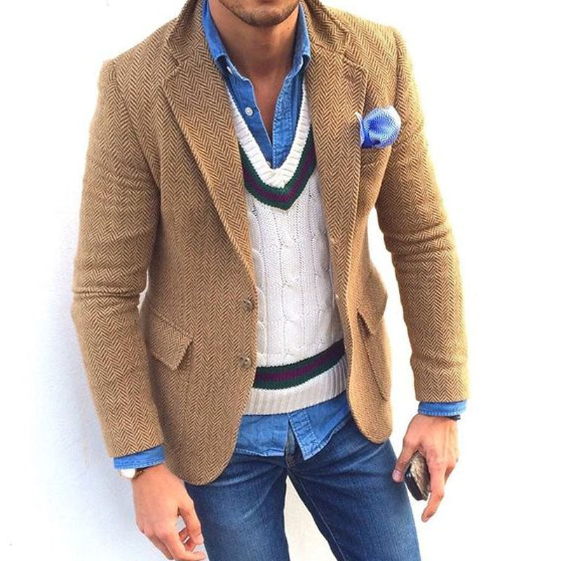 H&L Men's Vintage Herringbone Wool Blend Lapel Single Breasted Blazer