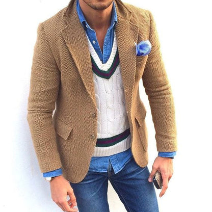 H&L Men's Vintage Herringbone Wool Blend Lapel Single Breasted Blazer