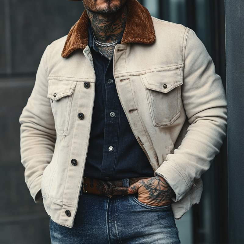 H&L Men's Cotton Patchwork Collar Fleece Slim Fit Jacket