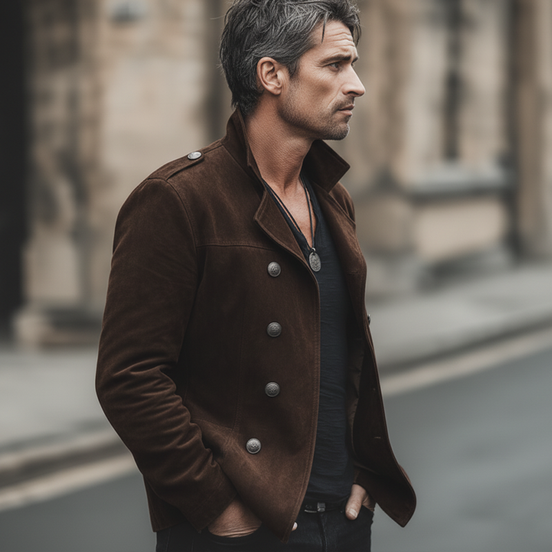 H&L Men's Classic Chocolate Brown Double-breasted Notched Lapel Suede Jacket