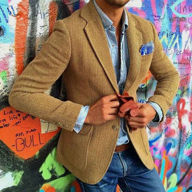 H&L Men's Vintage Herringbone Wool Blend Lapel Single Breasted Blazer