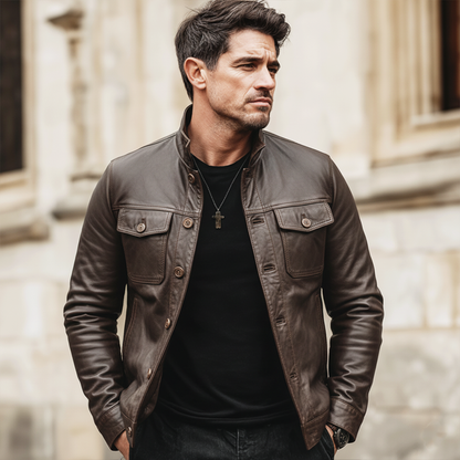 H&L Men's Urban Stand-collar Button-up Brown PU Leather Jacket