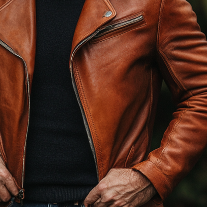 H&L Men's Solid Color Lapel Zipper PU Motorcycle Jacket