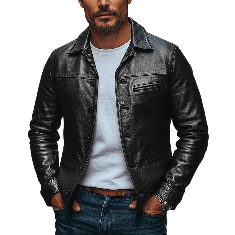 H&L Men's Solid Color Retro Lapel Button PU Jacket