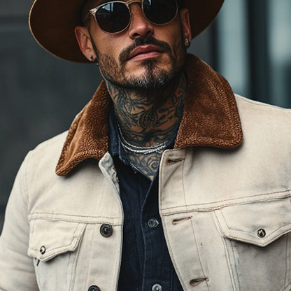 H&L Men's Cotton Patchwork Collar Fleece Slim Fit Jacket