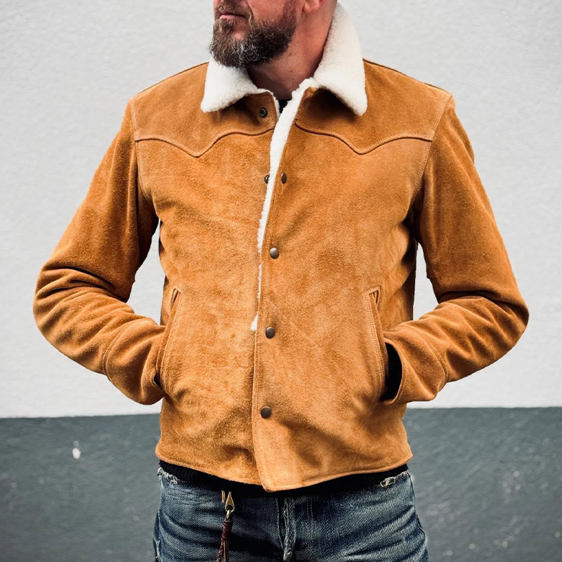 H&L Men's Retro Solid Color Patchwork Faux Suede Lapel Button Jacket
