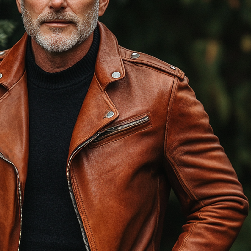 H&L Men's Solid Color Lapel Zipper PU Motorcycle Jacket