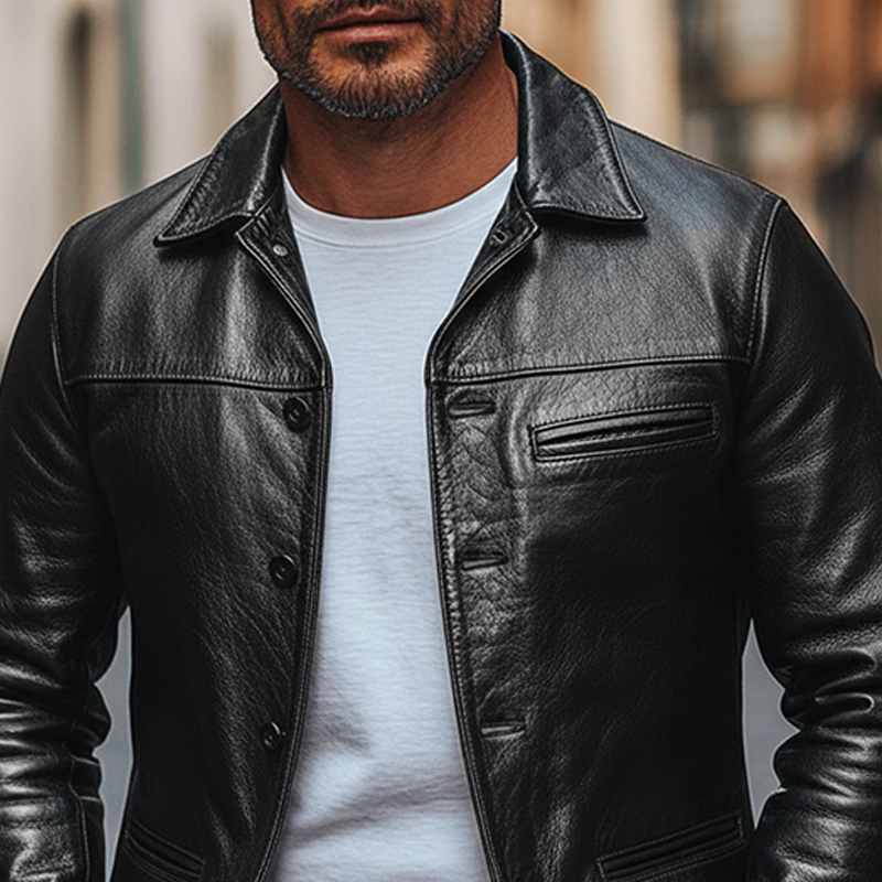 H&L Men's Solid Color Retro Lapel Button PU Jacket