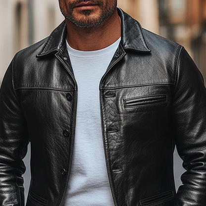 H&L Men's Solid Color Retro Lapel Button PU Jacket