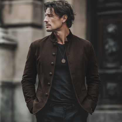 H&L Men's Classic Chocolate Brown Stand-collar Suede Jacket