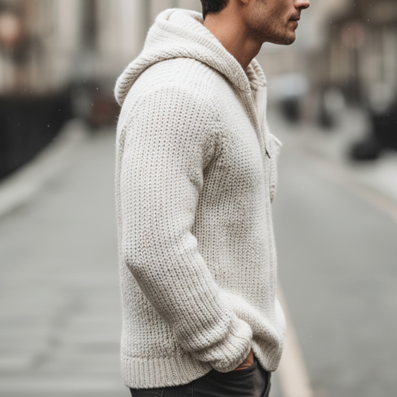 H&L Men's Urban Casual White Hooded Zip-up Knit Cardigan