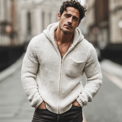 H&L Men's Urban Casual White Hooded Zip-up Knit Cardigan