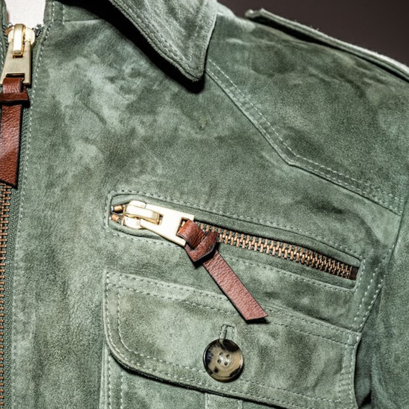 H&L Men's Retro Lapel Zipper Breast Pocket Suede Jacket