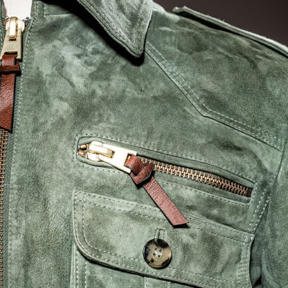 H&L Men's Retro Lapel Zipper Breast Pocket Suede Jacket