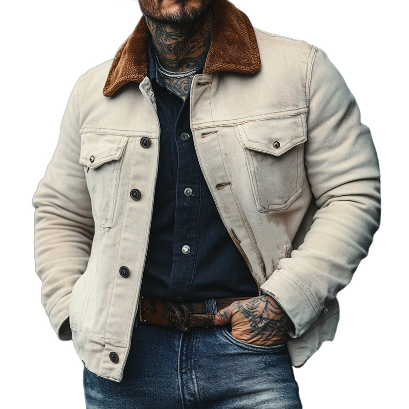 H&L Men's Cotton Patchwork Collar Fleece Slim Fit Jacket