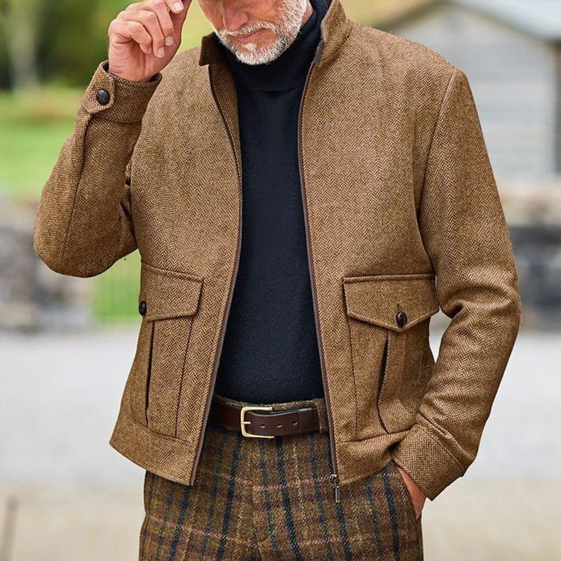 H&L Men's Retro Stand Collar Herringbone Blend Zipper Jacket