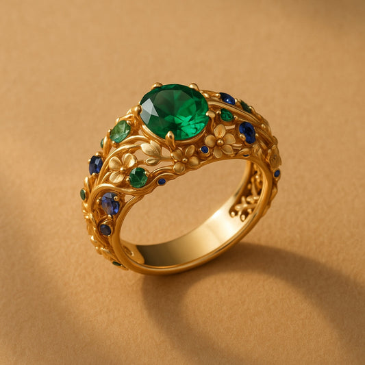 Grøn & Blå Krystal Guld Ring